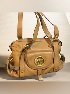 Michael Kors Tan Leather Shoulder Bag with Gold MK Medallion